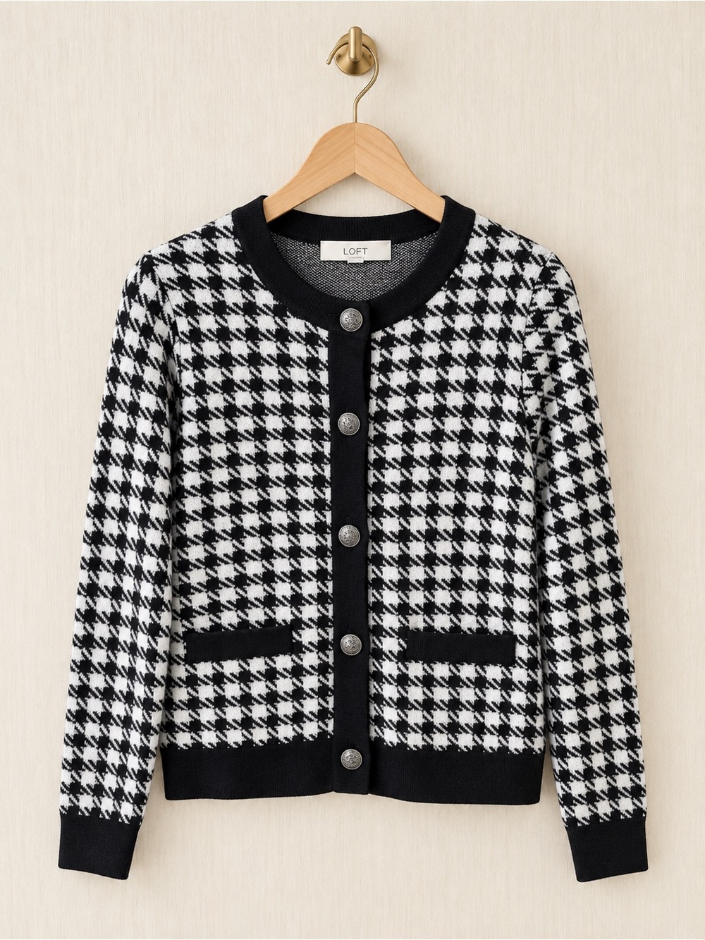 LOFT Black & White Houndstooth Long Sleeve Cardigan Sweater Size XS